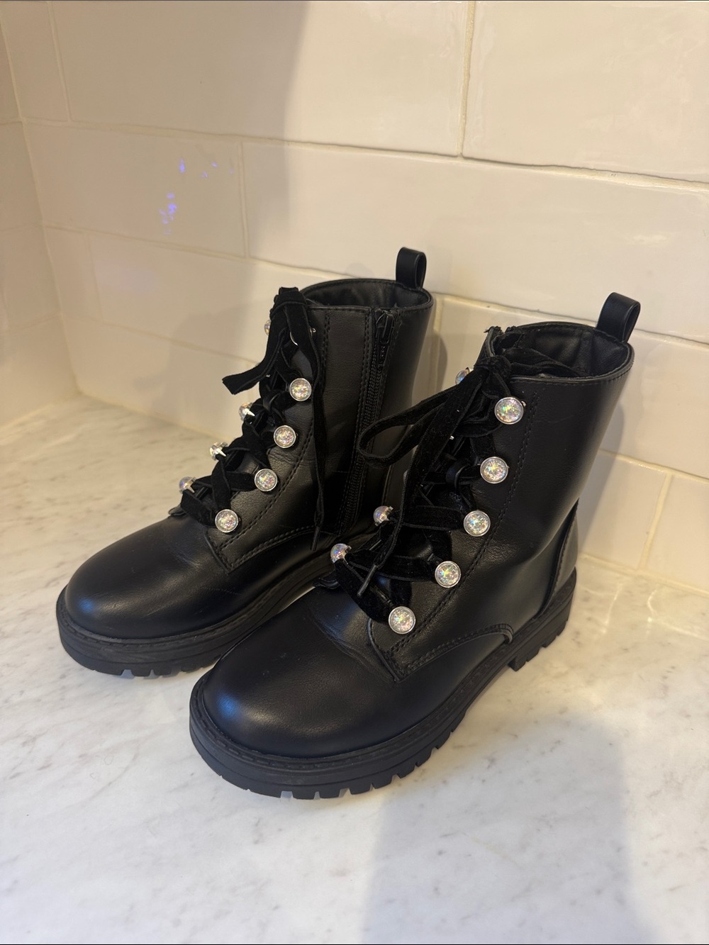 Black kids Lace-Up Combat Boots with Crystal Studs velvet shoe strings